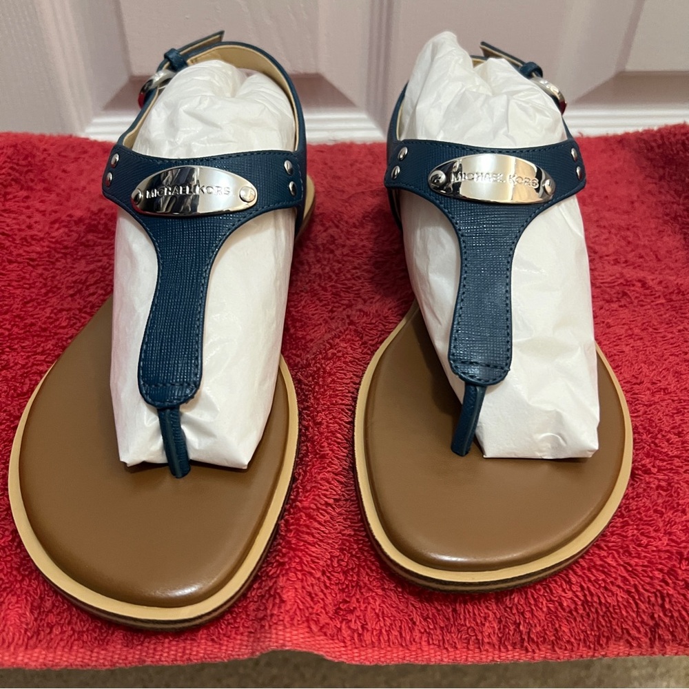 Michael Kors Navy and Brown Leather T-Strap Sandals